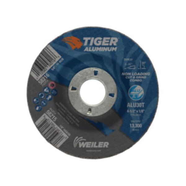 Tiger 58215 Combination Contaminant-Free Long Life Non-Loading Performance Line Depressed Center Combo Wheel, 4-1/2 in Dia x 1/8 in THK, 7/8 in Center Hole, 30 Grit, Silicon Carbide/Aluminum Oxide Abrasive