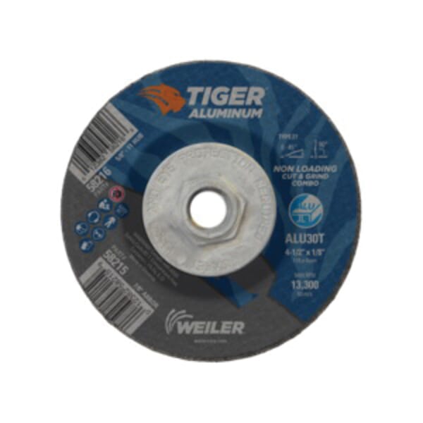 Tiger 58216 Combination Contaminant-Free Long Life Non-Loading Performance Line Depressed Center Combo Wheel, 4-1/2 in Dia x 1/8 in THK, 30 Grit, Silicon Carbide/Aluminum Oxide Abrasive