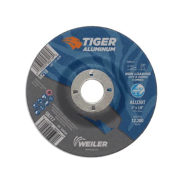 Tiger 58217 Combination Contaminant-Free Long Life Non-Loading Performance Line Depressed Center Combo Wheel, 5 in Dia x 1/8 in THK, 7/8 in Center Hole, 30 Grit, Silicon Carbide/Aluminum Oxide Abrasive