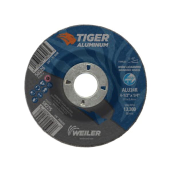 Tiger 58225 Contaminant-Free Non-Loading Performance Line Depressed Center Grinding Wheel, 4-1/2 in Dia x 1/4 in THK, 7/8 in Center Hole, 24 Grit, Silicon Carbide/Aluminum Oxide Abrasive