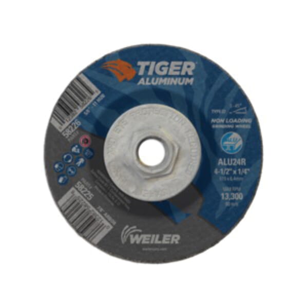 Tiger 58226 Contaminant-Free Non-Loading Performance Line Depressed Center Grinding Wheel, 4-1/2 in Dia x 1/4 in THK, 24 Grit, Silicon Carbide/Aluminum Oxide Abrasive