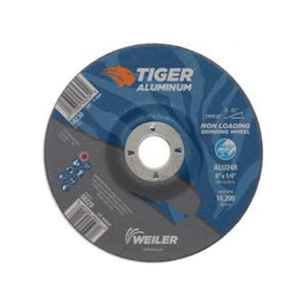 Tiger 58229 Contaminant-Free Non-Loading Performance Line Depressed Center Grinding Wheel, 6 in Dia x 1/4 in THK, 7/8 in Center Hole, 24 Grit, Silicon Carbide/Aluminum Oxide Abrasive