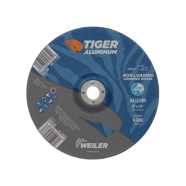 Tiger 58233 Contaminant-Free Non-Loading Performance Line Depressed Center Grinding Wheel, 9 in Dia x 1/4 in THK, 7/8 in Center Hole, 24 Grit, Silicon Carbide/Aluminum Oxide Abrasive