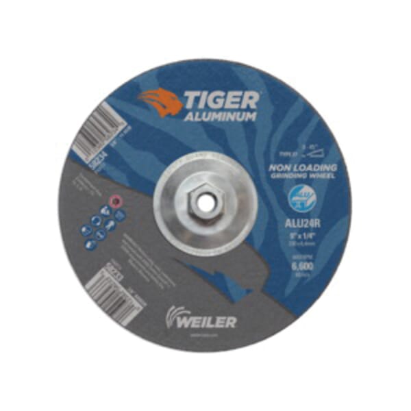 Tiger 58234 Contaminant-Free Non-Loading Performance Line Depressed Center Grinding Wheel, 9 in Dia x 1/4 in THK, 24 Grit, Silicon Carbide/Aluminum Oxide Abrasive