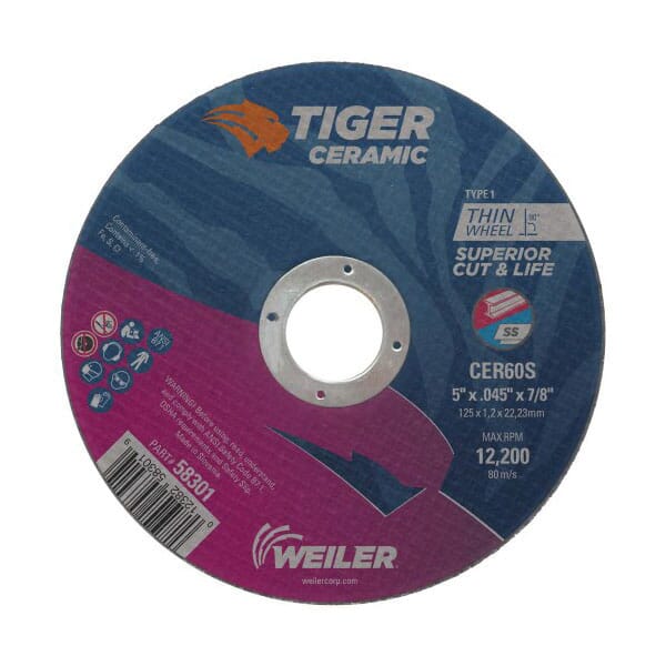 Tiger 58301 Superior Life and Cut Cut-Off Wheel, 5 in Dia x 0.045 in THK, 7/8 in Center Hole, 60S Grit, Ceramic Alumina Abrasive