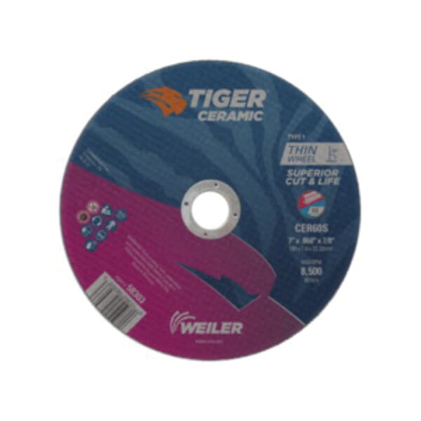 Tiger 58303 Superior Life and Cut Cut-Off Wheel, 7 in Dia x 0.06 in THK, 7/8 in Center Hole, 60S Grit, Ceramic Alumina Abrasive