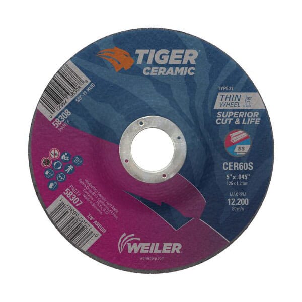 Tiger 58307 Performance Line Superior Life and Cut Depressed Center Cutting Wheel, 5 in Dia x 0.045 in THK, 7/8 in Center Hole, 60 Grit, Ceramic Alumina Abrasive