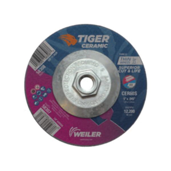 Tiger 58308 Performance Line Superior Life and Cut Depressed Center Cutting Wheel, 5 in Dia x 0.045 in THK, 60 Grit, Ceramic Alumina Abrasive