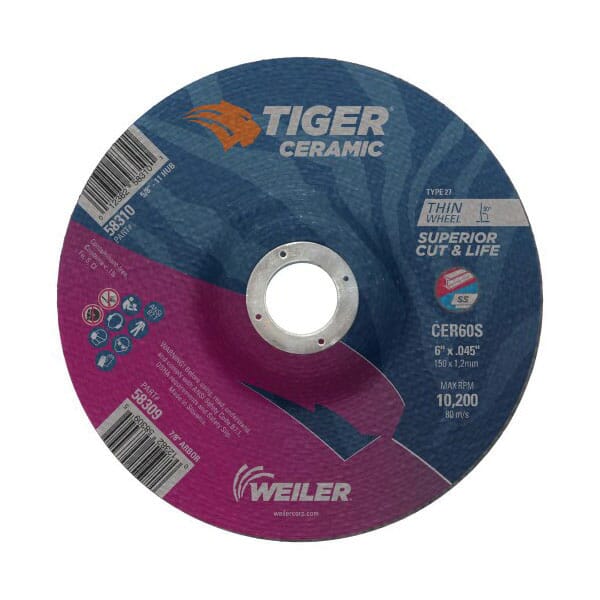 Tiger 58309 Performance Line Superior Life and Cut Depressed Center Cutting Wheel, 6 in Dia x 0.045 in THK, 7/8 in Center Hole, 60 Grit, Ceramic Alumina Abrasive