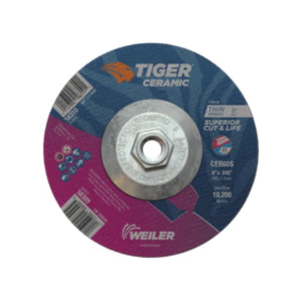 Tiger 58310 Performance Line Superior Life and Cut Depressed Center Cutting Wheel, 6 in Dia x 0.045 in THK, 60 Grit, Ceramic Alumina Abrasive