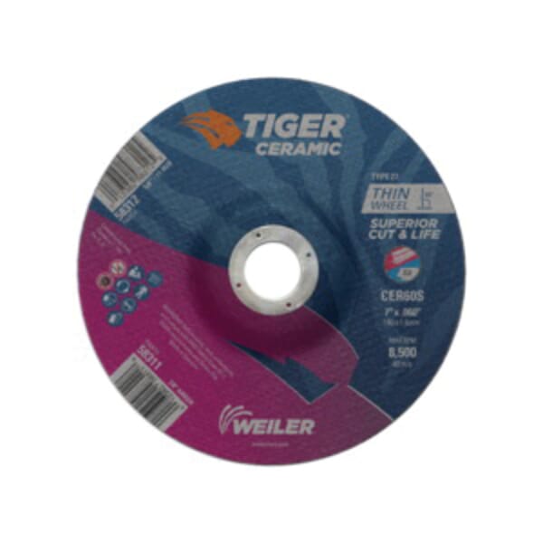Tiger 58311 Performance Line Superior Life and Cut Depressed Center Cutting Wheel, 7 in Dia x 0.06 in THK, 7/8 in Center Hole, 60 Grit, Ceramic Alumina Abrasive