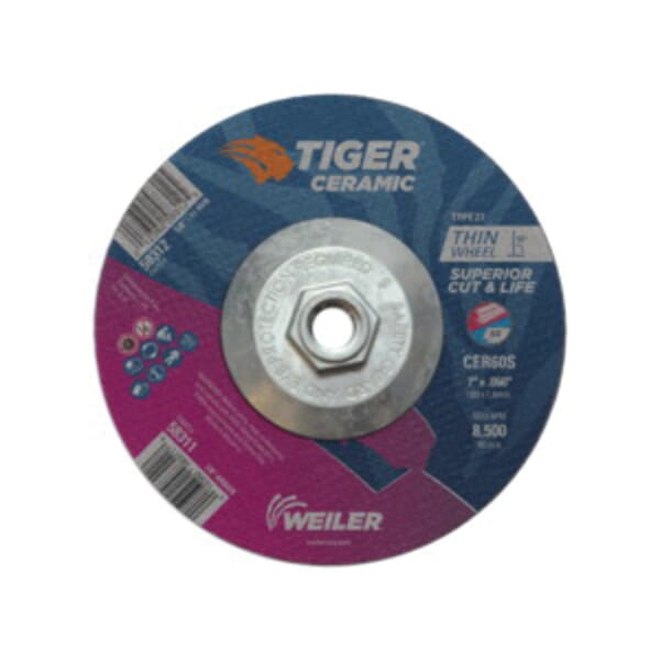 Tiger 58312 Performance Line Superior Life and Cut Depressed Center Cutting Wheel, 7 in Dia x 0.06 in THK, 60 Grit, Ceramic Alumina Abrasive