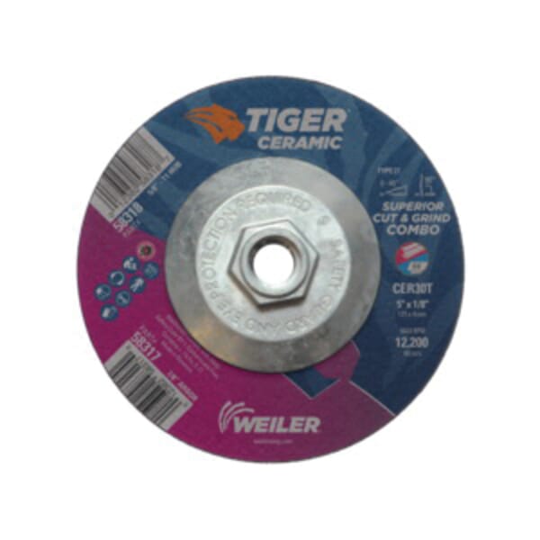 Tiger 58318 Combination Long Life Performance Line Superior Life and Cut Depressed Center Combo Wheel, 5 in Dia x 1/8 in THK, 30 Grit, Ceramic Alumina Abrasive