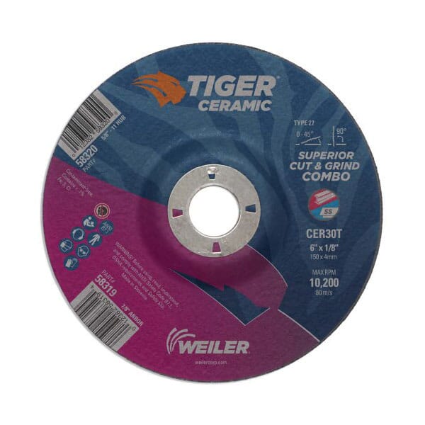 Tiger 58319 Combination Long Life Performance Line Superior Life and Cut Depressed Center Combo Wheel, 6 in Dia x 1/8 in THK, 7/8 in Center Hole, 30 Grit, Ceramic Alumina Abrasive