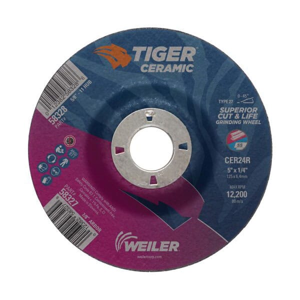 Tiger 58327 Performance Line Superior Life and Cut Depressed Center Grinding Wheel, 5 in Dia x 1/4 in THK, 7/8 in Center Hole, 24 Grit, Ceramic Alumina Abrasive