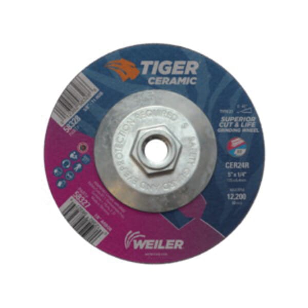Tiger 58328 Performance Line Superior Life and Cut Depressed Center Grinding Wheel, 5 in Dia x 1/4 in THK, 24 Grit, Ceramic Alumina Abrasive