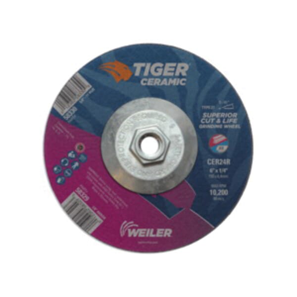 Tiger 58330 Performance Line Superior Life and Cut Depressed Center Grinding Wheel, 6 in Dia x 1/4 in THK, 24 Grit, Ceramic Alumina Abrasive