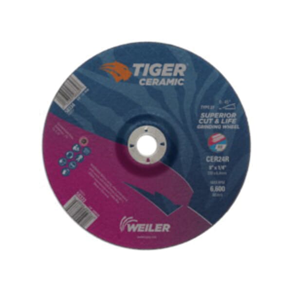 Tiger 58333 Performance Line Superior Life and Cut Depressed Center Grinding Wheel, 9 in Dia x 1/4 in THK, 7/8 in Center Hole, 24 Grit, Ceramic Alumina Abrasive