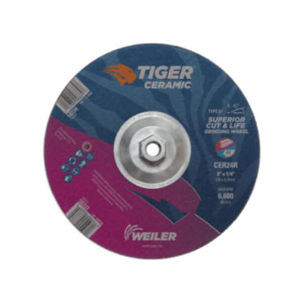 Tiger 58334 Performance Line Superior Life and Cut Depressed Center Grinding Wheel, 9 in Dia x 1/4 in THK, 24 Grit, Ceramic Alumina Abrasive