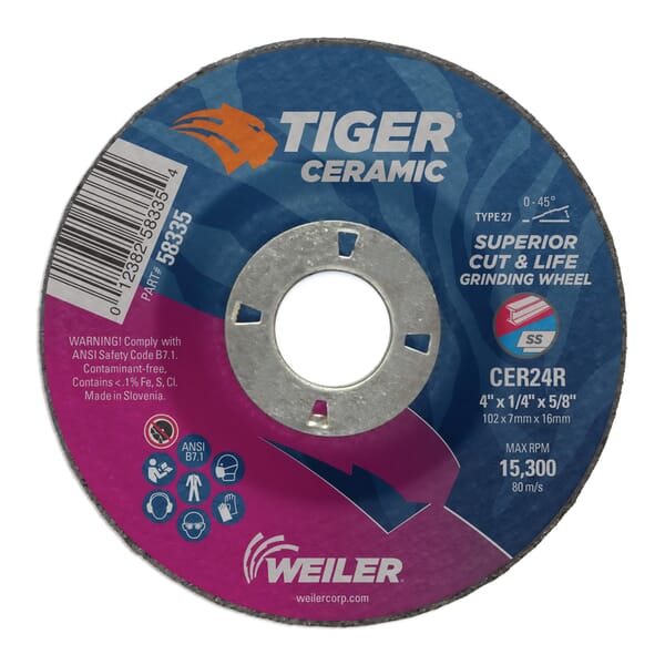 Tiger 58335 Maximum Performance Grinding Wheel, 4 in Dia x 1/4 in THK, 5/8-11 UNC Center Hole, 24 Grit, Ceramic Abrasive