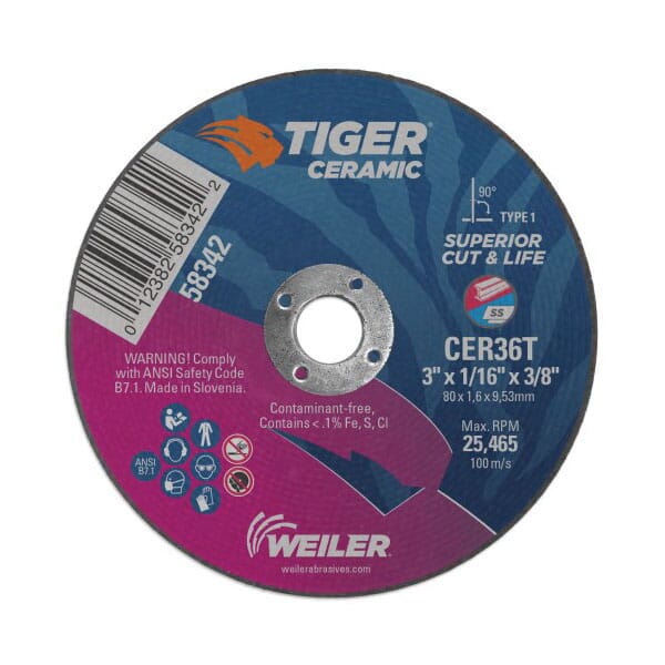 Tiger 58342 Flat Maximum Performance Superior Life and Cut Contaminant Free Cutting Wheel, 3 in Dia x 1/16 in THK, 3/8 in Center Hole, 36 Grit, Ceramic Abrasive