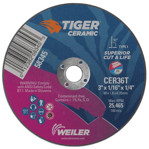 Tiger 58345 Flat Maximum Performance Superior Life and Cut Contaminant Free Cutting Wheel, 3 in Dia x 1/16 in THK, 1/4 in Center Hole, 36 Grit, Ceramic Abrasive