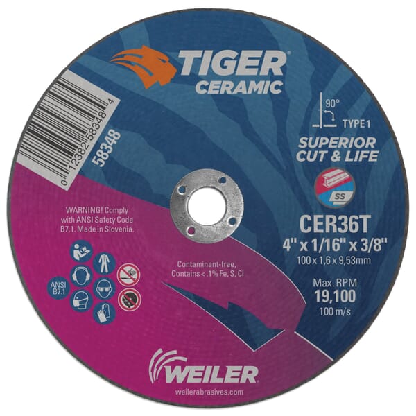 Tiger 58348 Flat Maximum Performance Superior Life and Cut Contaminant Free Cutting Wheel, 4 in Dia x 1/16 in THK, 3/8 in Center Hole, 36 Grit, Ceramic Abrasive
