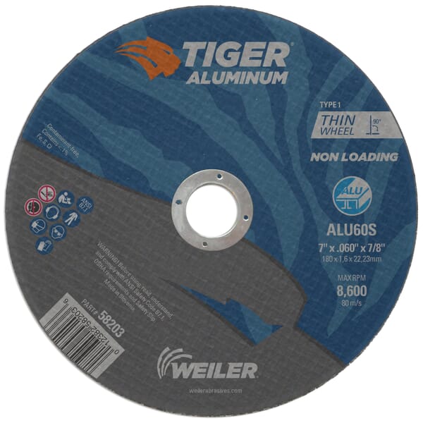 Tiger Aluminum 58203 Long Life Non-Loading Performance Line Cut-Off Wheel, 7 in Dia 0.06 in THK, 7/8 in Center Hole, 60S Grit