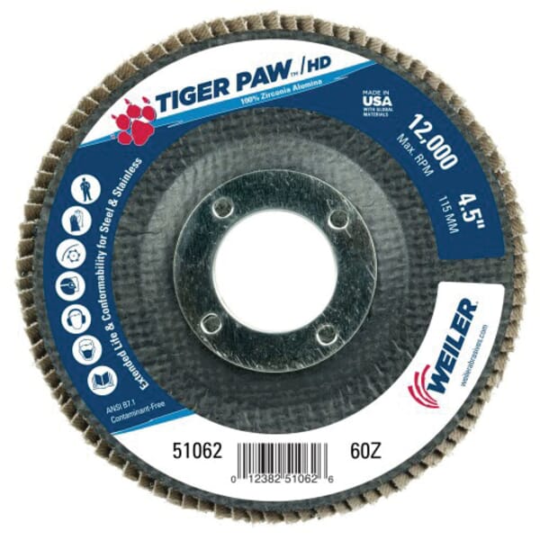 Tiger Paw 51062 Performance Super High Density Abrasive Flap Disc, 4-1/2 in Dia Disc, 7/8 in Center Hole, 60 Grit, Coarse Grade, Zirconia Alumina Abrasive, Type 29/Angled Disc
