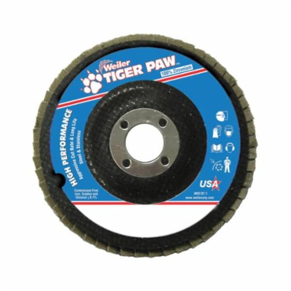 Tiger Paw 51101 High Performance Coated Abrasive Flap Disc, 4-1/2 in Dia Disc, 7/8 in Center Hole, 36 Grit, Very Coarse Grade, Zirconia Alumina Abrasive, Type 27 Flat Disc