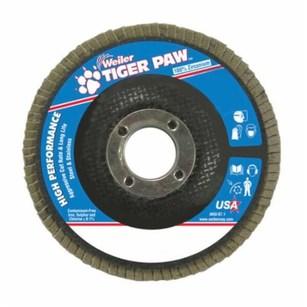 Tiger Paw 51121 High Density High Performance Coated Abrasive Flap Disc, 4-1/2 in Dia Disc, 7/8 in Center Hole, 80 Grit, Medium Grade, Zirconia Alumina Abrasive, Type 29/Angled Disc
