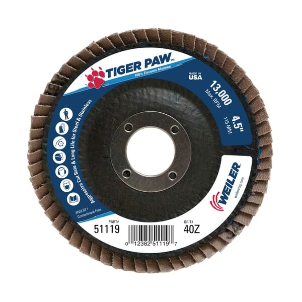 Tiger Paw 51119V High Performance Vending Ready Coated Abrasive Flap Disc, 4-1/2 in Dia Disc, 7/8 in Center Hole, 40 Grit, Coarse Grade, Zirconia Alumina Abrasive, Type 29/Angled Disc