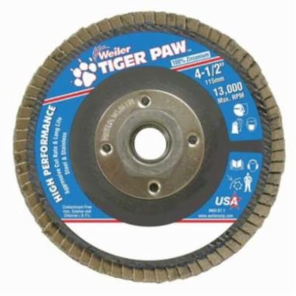 Tiger Paw 51125V High Performance Vending Ready Coated Abrasive Flap Disc, 4-1/2 in Dia, 60 Grit, Medium Grade, Zirconia Alumina Abrasive, Type 29/Angled Disc