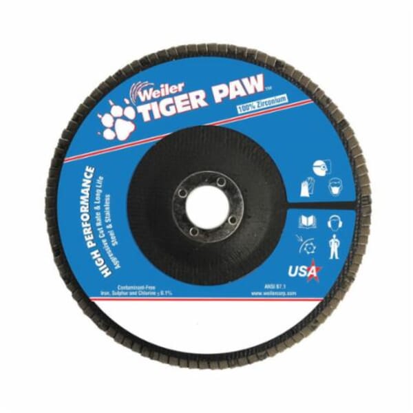 Tiger Paw 51137 High Performance Coated Abrasive Flap Disc, 7 in Dia Disc, 7/8 in Center Hole, 40 Grit, Coarse Grade, Zirconia Alumina Abrasive, Type 27 Flat Disc