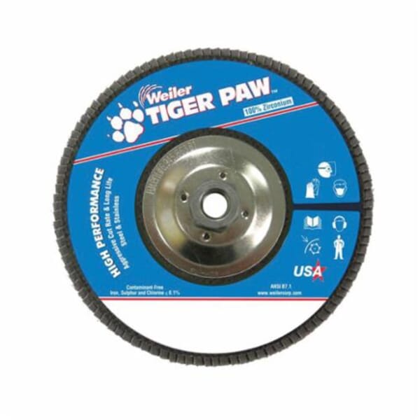 Tiger Paw 51139 High Performance Coated Abrasive Flap Disc, 7 in Dia Disc, 36 Grit, Very Coarse Grade, Zirconia Alumina Abrasive, Type 27 Flat Disc