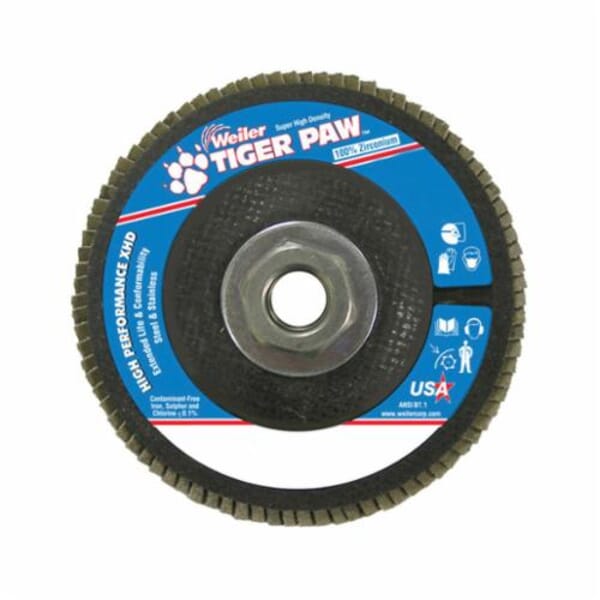 Tiger Paw 51164 Super High Density High Performance Coated Abrasive Flap Disc, 4-1/2 in Dia Disc, 36 Grit, Very Coarse Grade, Zirconia Alumina Abrasive, Type 27 Flat Disc