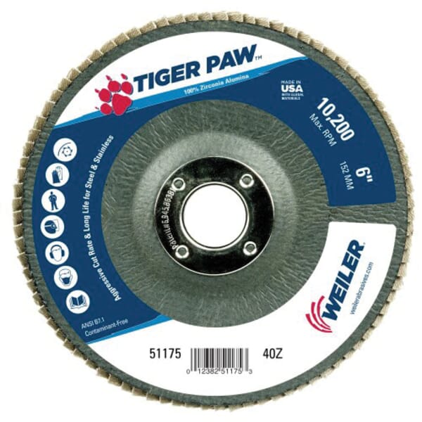 Tiger Paw 51175 Performance Abrasive Flap Disc, 6 in Dia Disc, 7/8 in Center Hole, 40 Grit, Coarse Grade, Zirconia Alumina Abrasive, Type 29/Angled Disc