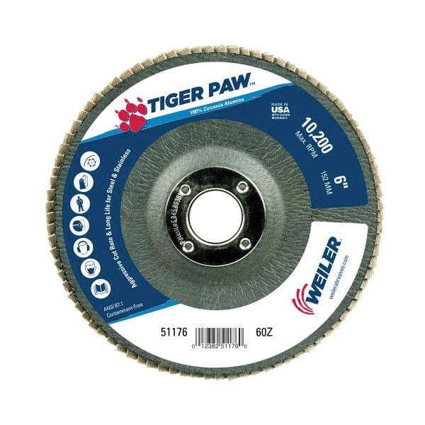 Tiger Paw 51176 Performance Abrasive Flap Disc, 6 in Dia Disc, 7/8 in Center Hole, 60 Grit, Coarse Grade, Zirconia Alumina Abrasive, Type 29/Angled Disc