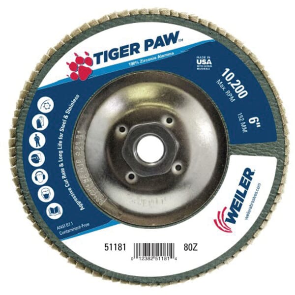 Tiger Paw 51181 Performance Abrasive Flap Disc, 6 in Dia Disc, 80 Grit, Medium Coarse Grade, Zirconia Alumina Abrasive, Type 29/Angled Disc