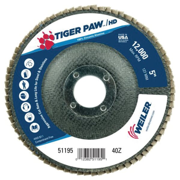 Tiger Paw 51195 Performance Super High Density Abrasive Flap Disc, 5 in Dia Disc, 7/8 in Center Hole, 40 Grit, Coarse Grade, Zirconia Alumina Abrasive, Type 27 Flat Disc