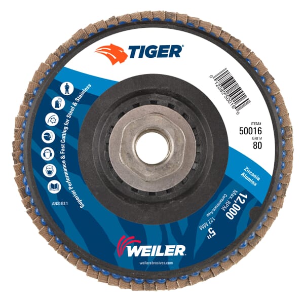 Tiger Trim 50016 Coated Abrasive Flap Disc, 5 in Dia Disc, 80 Grit, Medium Grade, Zirconia Alumina Abrasive, Type 29/Angled Disc