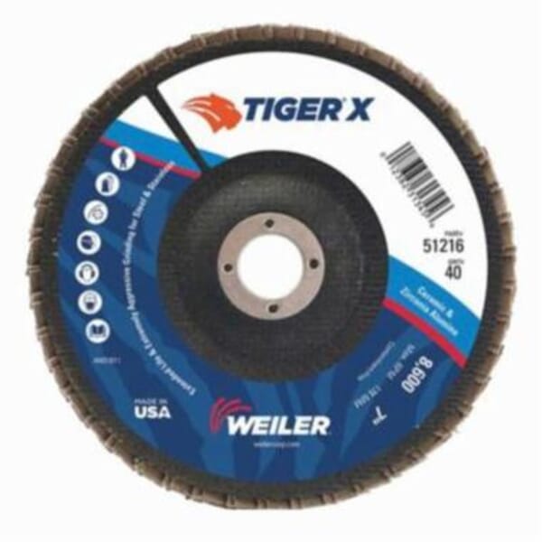 Tiger X 51211 Standard Density Coated Abrasive Flap Disc, 5 in Dia Disc, 7/8 in Center Hole, 80 Grit, Medium Grade, Zirconia Alumina/Ceramic Alumina Abrasive, Type 29/Angled Disc