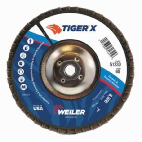 Tiger X 51223 Standard Density Coated Abrasive Flap Disc, 4-1/2 in Dia Disc, 7/8 in Center Hole, 40 Grit, Coarse Grade, Zirconia Alumina/Ceramic Alumina Abrasive, Type 27 Flat Disc