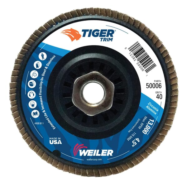 Tiger Trim 50006V Vending Ready Coated Abrasive Flap Disc, 4-1/2 in Dia Disc, 40 Grit, Coarse Grade, Zirconia Alumina Abrasive, Type 29/Angled Disc