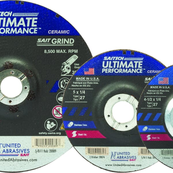 United Abrasives-SAIT Saitech Ultimate Performance 20164 High Performance Depressed Center Wheel, 4-1/2 in Dia x 1/4 in THK, 24 Grit, Ceramic Alumina Oxide Abrasive
