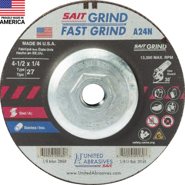 United Abrasives-SAIT 20160 General Purpose Depressed Center Wheel, 4-1/2 in Dia x 1/4 in THK, 24 Grit, Aluminum Oxide Abrasive