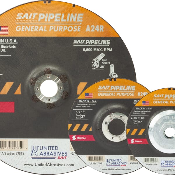 United Abrasives-SAIT 22130 High Performance Pipeline Depressed Center Wheel, 4-1/2 in Dia x 1/8 in THK, 24 Grit, Aluminum Oxide Abrasive