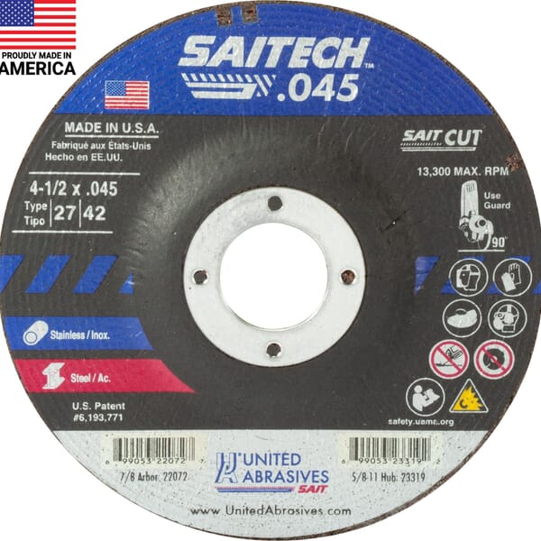 United Abrasives-SAIT United Abrasives-SAIT 22072 High Performance Depressed Center Wheel, 4-1/2 in Dia x 0.045 in THK, 7/8 in Center Hole, 36 Grit, Ceramic Alumina Oxide Abrasive