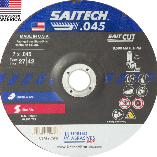 United Abrasives-SAIT United Abrasives-SAIT 22088 High Performance Depressed Center Wheel, 7 in Dia x 0.045 in THK, 7/8 in Center Hole, 36 Grit, Ceramic Alumina Oxide Abrasive