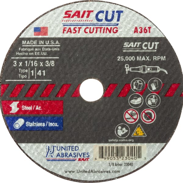 United Abrasives-SAIT 23065 Thin High Speed Cut-Off Wheel, 4 in Dia x 1/16 in THK, 3/8 in Center Hole, A36T Grit, Aluminum Oxide Abrasive